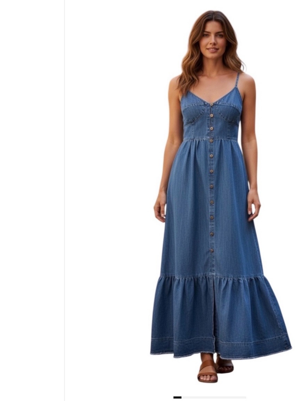 Kori Blue Denim Button-Front Maxi Dress with Spaghetti Straps